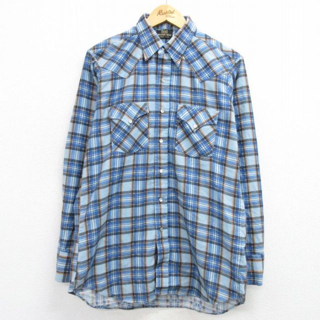 XL★古着 シアーズ 長袖 ウエスタン フランネル シャツ メンズ 80年代 80s ロング丈 青他 ブルー チェック 25feb20 中古 トップス