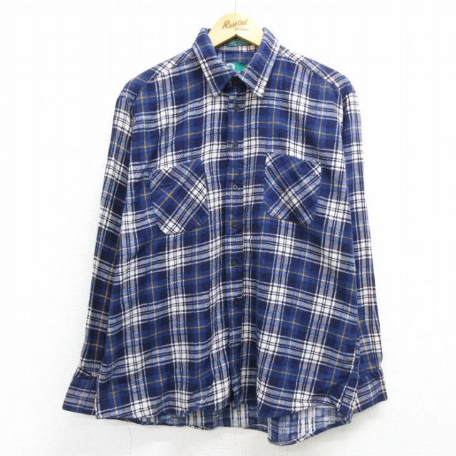 XL★古着 長袖 フランネル シャツ メンズ 大きいサイズ コットン 青他 ブルー チェック 25feb20 中古 トップス