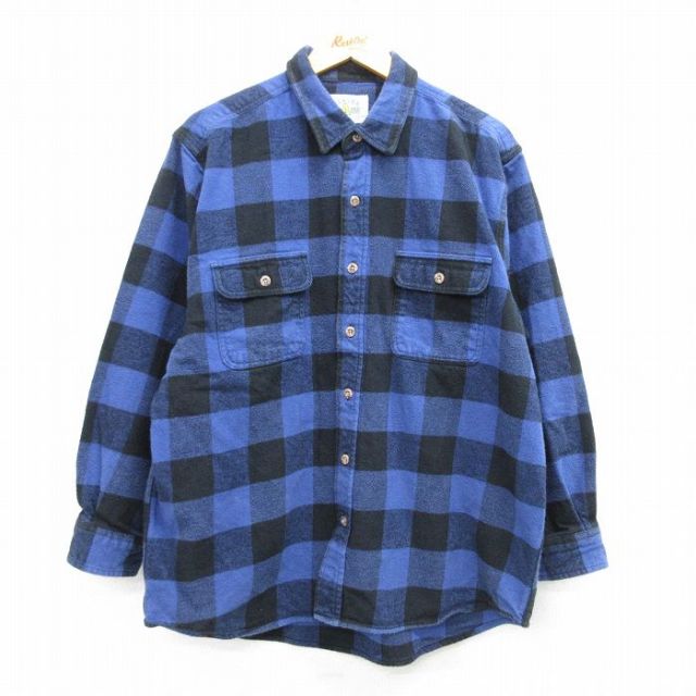 L★古着 長袖 ヘビー フランネル シャツ メンズ コットン 青他 ブルー バッファロー チェック 25feb20 中古 トップス