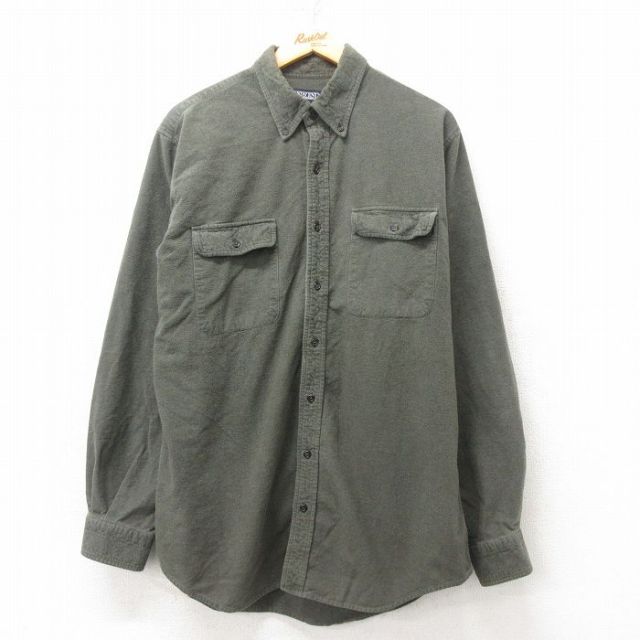 XL★古着 ランズエンド 長袖 フランネル シャツ メンズ 00年代 00s コットン ボタンダウン 緑 グリーン 25feb20 中古 トップス