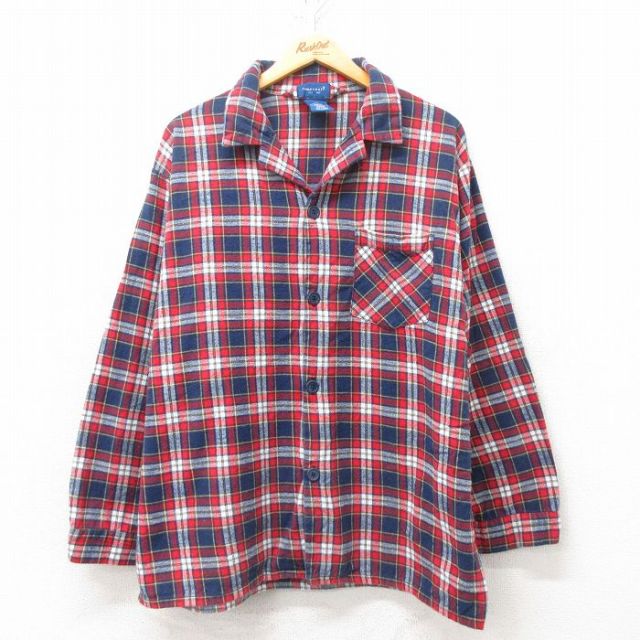 XL★古着 タウンクラフト 長袖 パジャマ フランネル シャツ メンズ 90年代 90s 開襟 オープンカラー コットン 紺他 ネイビー チェック 25feb20 中古 トップス