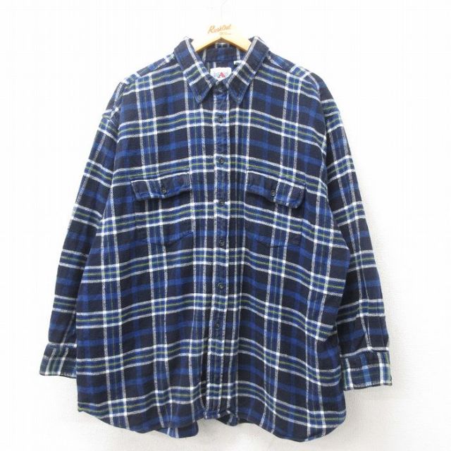 【50%OFF】XL★古着 長袖 ヘビー フランネル シャツ メンズ 大きいサイズ コットン ボタンダウン 紺他 ネイビー チェック 25feb20 中古 トップス