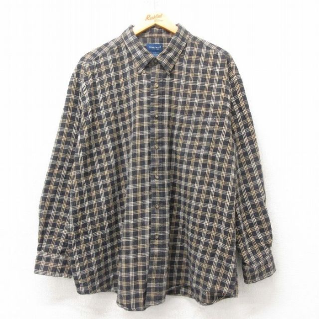 XL★古着 タウンクラフト 長袖 フランネル シャツ メンズ 00年代 00s 大きいサイズ コットン ボタンダウン 黒他 ブラック チェック 25feb20 中古 トップス
