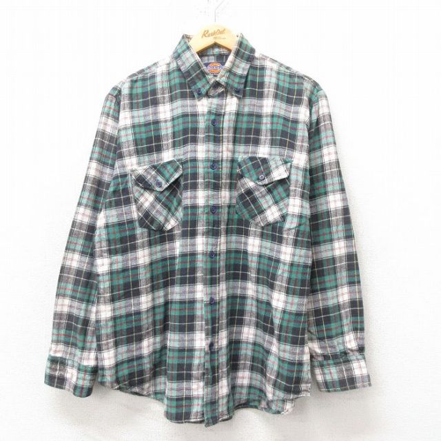 L★古着 ディッキーズ Dickies 長袖 フランネル シャツ メンズ 90年代 90s コットン ボタンダウン 緑他 グリーン チェック 25feb20 中古 トップス