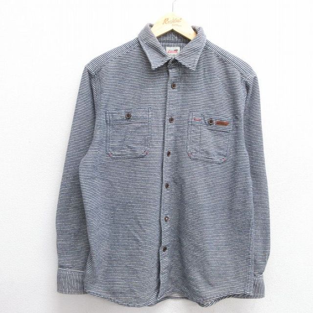 L★古着 ディッキーズ Dickies 長袖 ヘビー フランネル シャツ メンズ コットン 濃紺他 ネイビー ボーダー 25mar03 中古 トップス