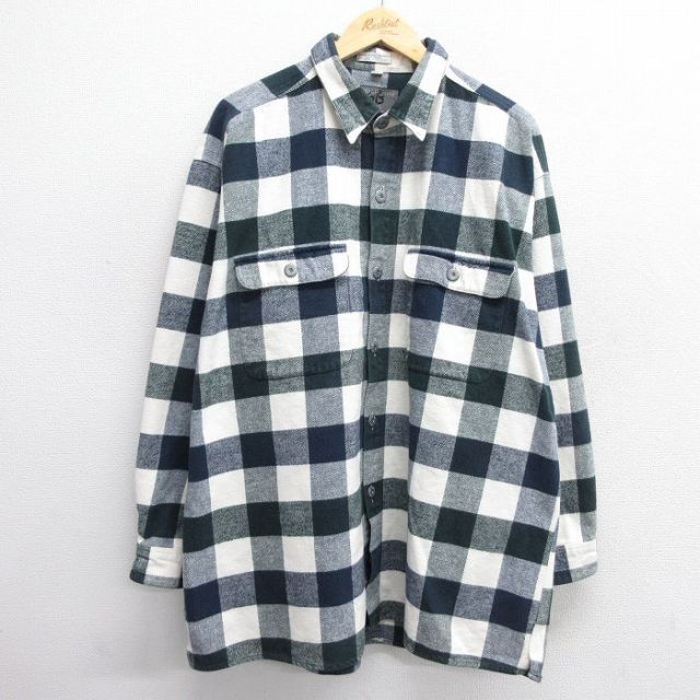 XL★古着 長袖 ヘビー フランネル シャツ メンズ 00年代 00s 大きいサイズ ロング丈 コットン 濃紺他 ネイビー チェック 25mar03 中古 トップス