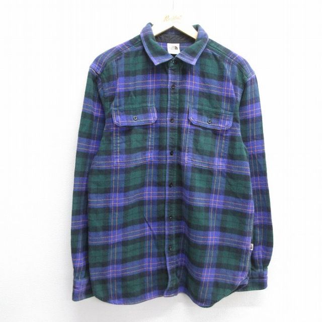 L★古着 ノースフェイス THE NORTH FACE 長袖 フランネル シャツ メンズ コットン 紫他 パープル チェック 25mar03 中古 トップス