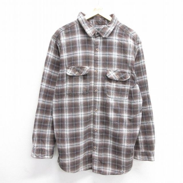 L★古着 長袖 ヘビー フランネル シャツ メンズ ボロ ロング丈 コットン 茶他 ブラウン チェック 25mar03 中古 トップス