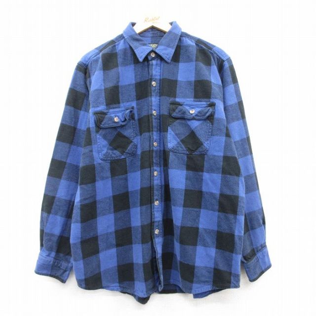 XL★古着 長袖 ヘビー フランネル シャツ メンズ 00年代 00s 大きいサイズ コットン 青他 ブルー バッファロー チェック 25mar04 中古 トップス