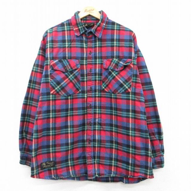 XL★古着 長袖 フランネル シャツ メンズ 90年代 90s 大きいサイズ コットン 赤他 レッド チェック 25mar04 中古 トップス