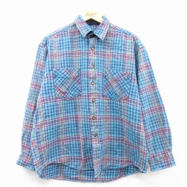 L★古着 長袖 ヘビー フランネル シャツ メンズ 水色他 チェック 25mar04 中古 トップス
