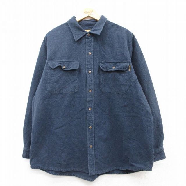 XL★古着 長袖 ヘビー フランネル シャツ メンズ 大きいサイズ コットン 紺 ネイビー 25mar04 中古 トップス