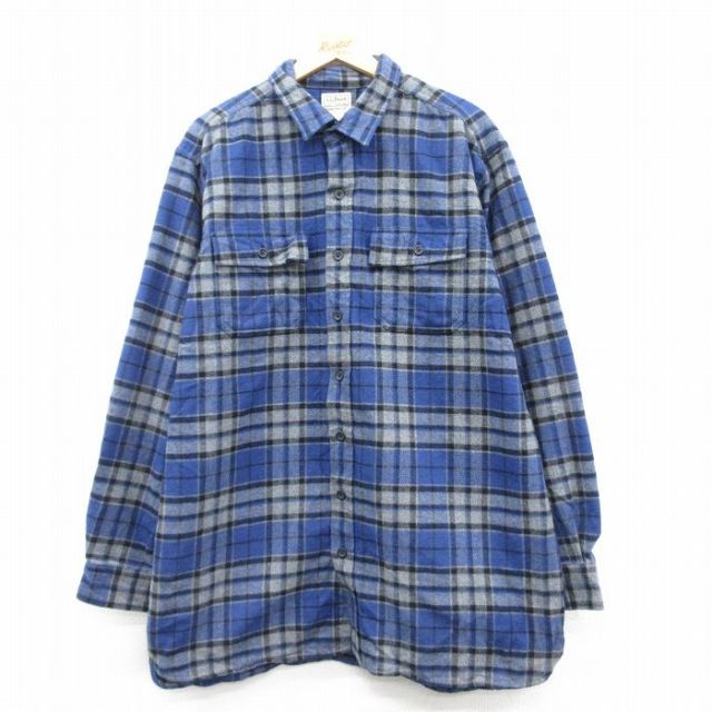 XL★古着 エルエルビーン LLBEAN 長袖 ヘビー フランネル シャツ メンズ 00年代 00s 大きいサイズ ロング丈 コットン 青他 ブルー チェック 25mar04 中古 トップス