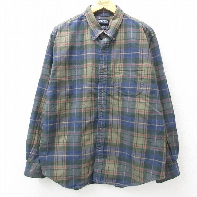 【20%OFF】XL★古着 ランズエンド 長袖 フランネル シャツ メンズ 00年代 00s 大きいサイズ コットン ボタンダウン 紺他 ネイビー チェック 25mar04 中古 トップス