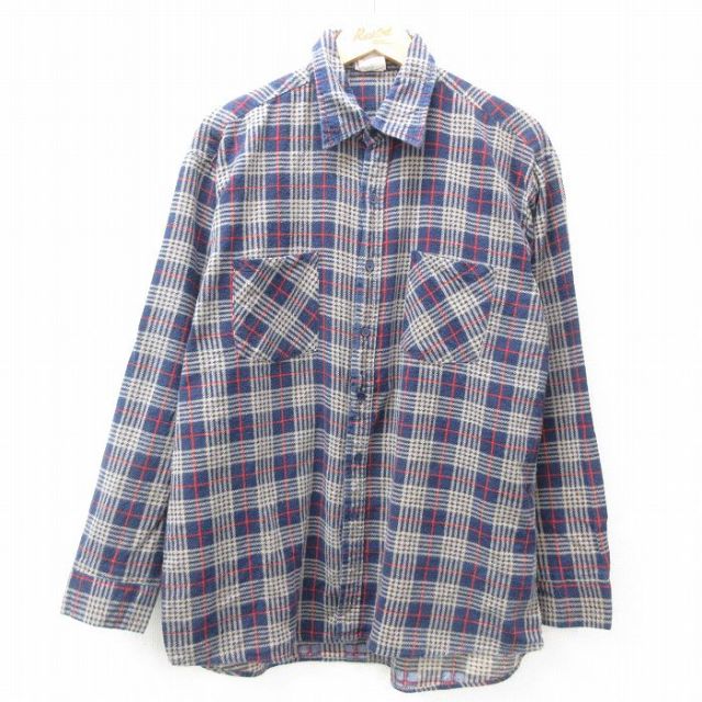 XL★古着 長袖 フランネル シャツ メンズ 90年代 90s コットン 紺他 ネイビー チェック 25mar04 中古 トップス