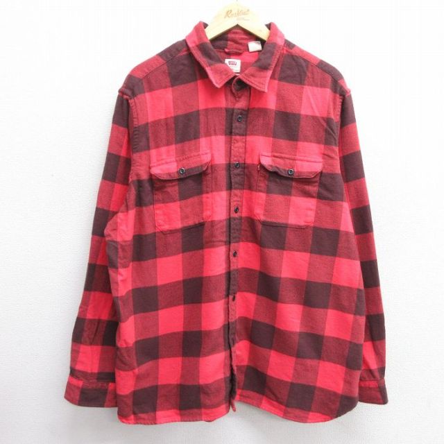 XL★古着 リーバイス Levis 長袖 ヘビー フランネル シャツ メンズ 大きいサイズ コットン 赤他 レッド バッファロー チェック 25mar04 中古 トップス