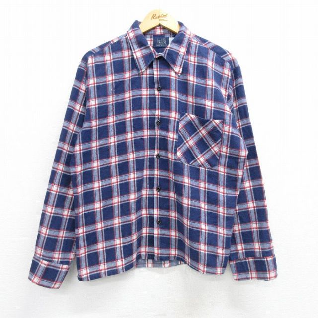 XL★古着 シアーズ 長袖 フランネル シャツ メンズ 80年代 80s USA製 紺他 ネイビー チェック 【spe】 25mar04 中古 トップス