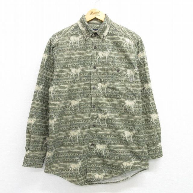 XL★古着 ウールリッチ WOOLRICH 長袖 ヘビー フランネル シャツ メンズ シカ ボタンダウン 緑系他 グリーン 25mar04 中古 トップス