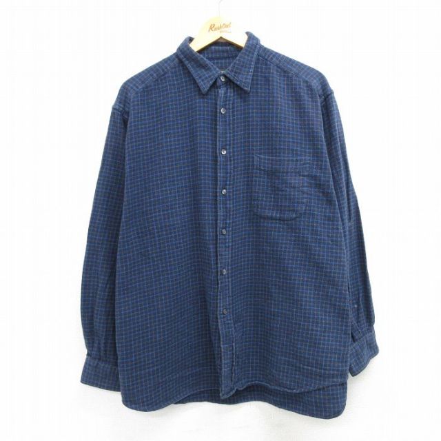 XL★古着 エディーバウアー 長袖 フランネル シャツ メンズ 大きいサイズ コットン 紺他 ネイビー チェック 25mar04 中古 トップス