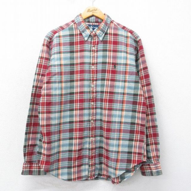 XL★古着 ラルフローレン Ralph Lauren 長袖 ブランド フランネル シャツ メンズ 90年代 90s ワンポイントロゴ コットン ボタンダウン エンジ他 チェック 25mar06 中古 トップス