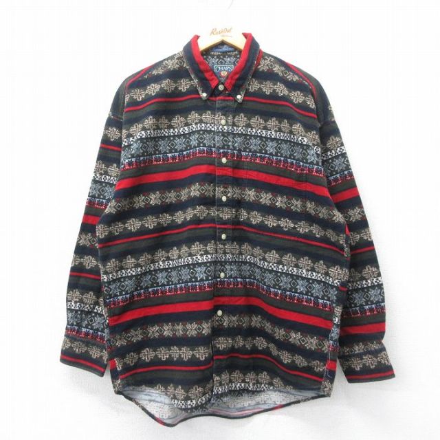 XL★古着 ラルフローレン Ralph Lauren チャップス 長袖 ブランド ヘビー フランネル シャツ メンズ 90年代 90s 雪柄 コットン ボタンダウン 緑他 グリーン 25mar06 中古 トップス