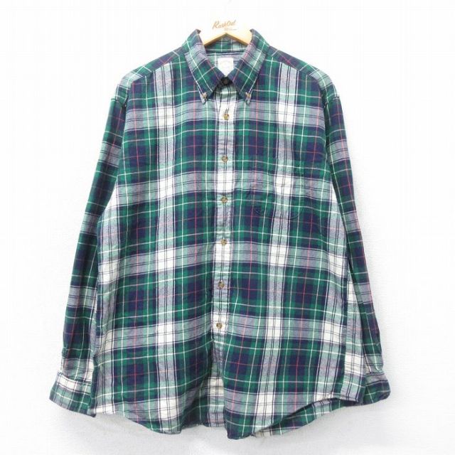 XL★古着 ブルックスブラザーズ BROOKS BROTHERS 長袖 フランネル シャツ メンズ コットン ボタンダウン 緑他 グリーン チェック 25mar06 中古 トップス