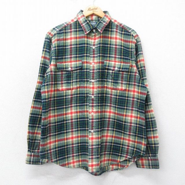 XL★古着 ラルフローレン Ralph Lauren 長袖 ブランド フランネル シャツ メンズ 90年代 90s コットン 緑他 グリーン チェック 25mar06 中古 トップス