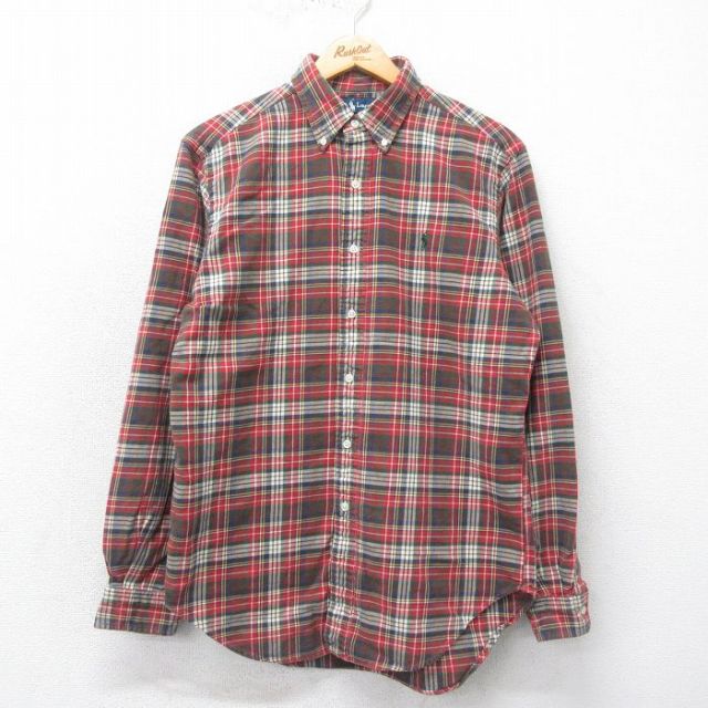 L★古着 ラルフローレン Ralph Lauren 長袖 ブランド フランネル シャツ メンズ 90年代 90s ワンポイントロゴ コットン ボタンダウン 赤他 レッド チェック 25mar06 中古 トップス