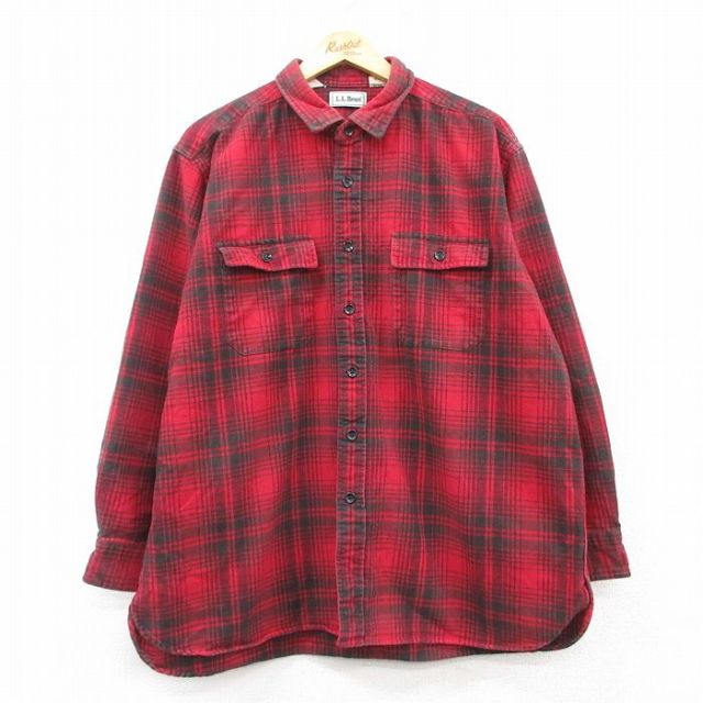 XL★古着 エルエルビーン LLBEAN 長袖 ヘビー フランネル シャツ メンズ 90年代 90s 大きいサイズ コットン 赤他 レッド チェック 25mar07 中古 トップス