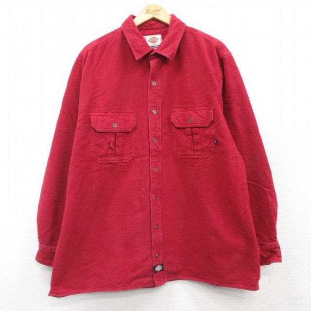 XL★古着 ディッキーズ Dickies 長袖 ヘビー フランネル シャツ メンズ 00年代 00s 大きいサイズ コットン 赤 レッド 25mar07 中古 トップス