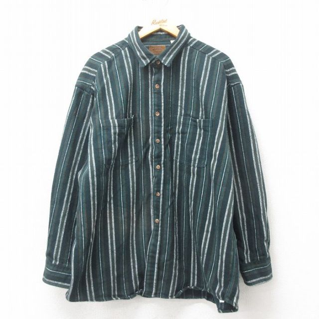 XL★古着 セントジョンズベイ 長袖 ヘビー フランネル シャツ メンズ 大きいサイズ ロング丈 コットン 緑 グリーン 25mar10 中古 トップス