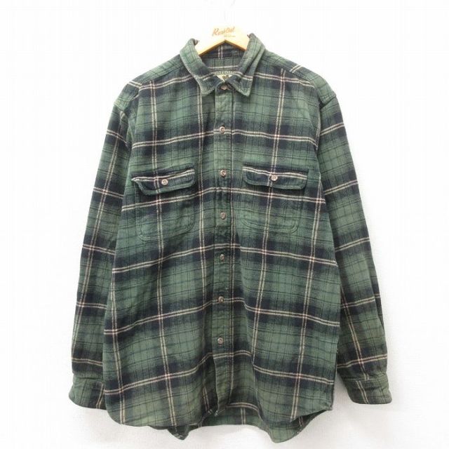 L★古着 長袖 ヘビー フランネル シャツ メンズ コットン 緑 グリーン チェック 25mar10 中古 トップス