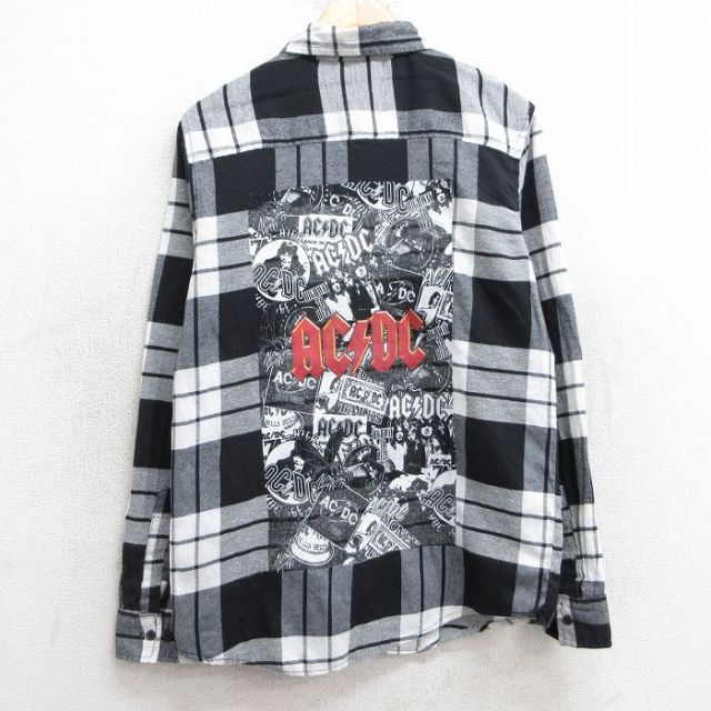 S★古着 長袖 ロック バンド フランネル シャツ メンズ AC/DC 黒他 ブラック チェック 25mar10 中古 トップス
