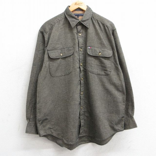 XL★古着 トミーヒルフィガー TOMMY HILFIGER 長袖 ブランド フランネル シャツ メンズ ワンポイントロゴ ツイード コットン 茶系他 ブラウン 25mar10 中古 トップス