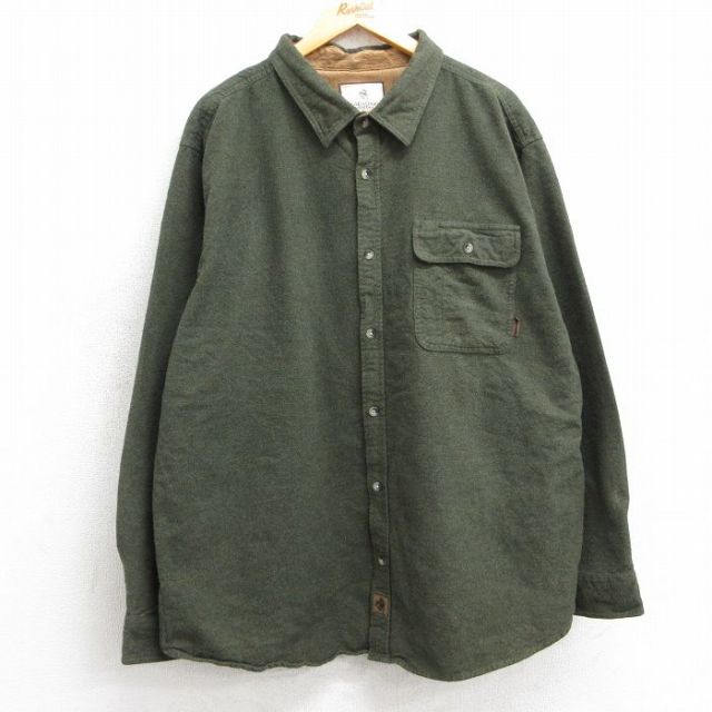 XL★古着 長袖 ヘビー フランネル シャツ メンズ 大きいサイズ ロング丈 コットン 濃緑 グリーン 25mar10 中古 トップス