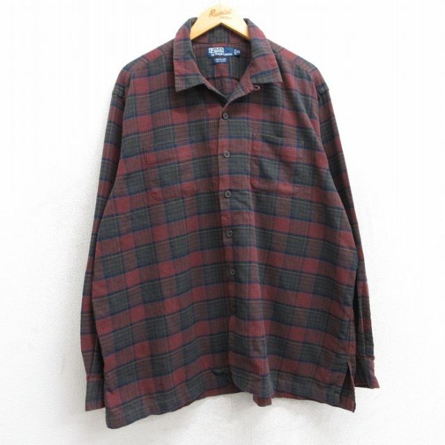 XL★古着 ラルフローレン Ralph Lauren 長袖 ブランド フランネル シャツ メンズ 90年代 90s VINTAGE CAMP 大きいサイズ コットン 開襟 オープンカラー 赤他 レッド チェック 【spe】 25mar10 中古 トップス