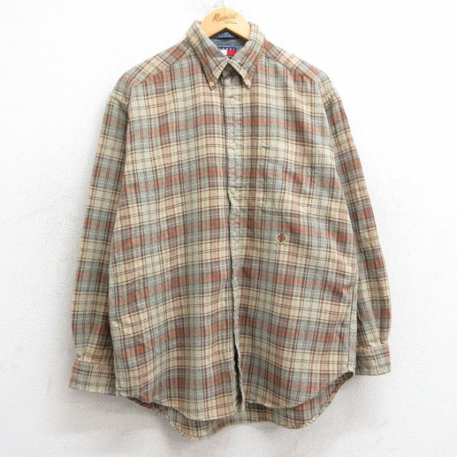 【20%OFF】L★古着 トミーヒルフィガー TOMMY HILFIGER 長袖 ブランド フランネル シャツ メンズ 90年代 90s ワンポイントロゴ コットン ボタンダウン ベージュ他 カーキ チェック 25mar10 中古 トップス