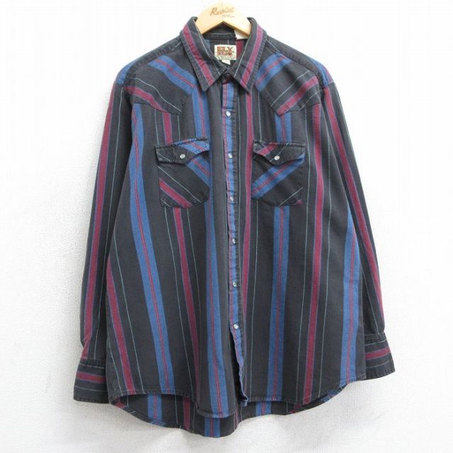 【20%OFF】XL★古着 ELY 長袖 ウエスタン フランネル シャツ メンズ 90年代 90s 大きいサイズ 黒他 ブラック ストライプ 25mar11 中古 トップス
