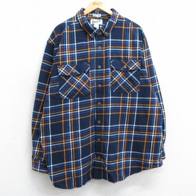 XL★古着 長袖 ヘビー フランネル シャツ メンズ 大きいサイズ ロング丈 コットン ボタンダウン 紺他 ネイビー チェック 25mar11 中古 トップス
