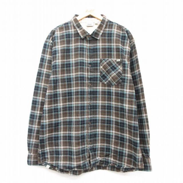XL★古着 バンズ 長袖 フランネル シャツ メンズ 大きいサイズ ロング丈 コットン 茶他 ブラウン チェック 25mar12 中古 トップス