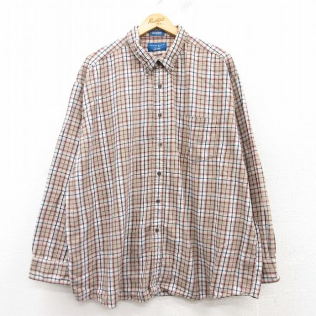 XL★古着 タウンクラフト 長袖 フランネル シャツ メンズ 90年代 90s 大きいサイズ ロング丈 コットン ボタンダウン ベージュ他 カーキ チェック 25mar12 中古 トップス