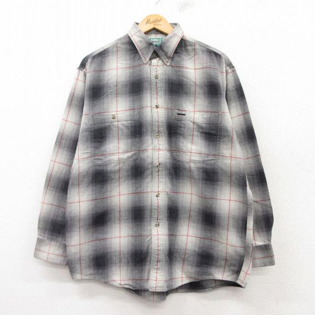 XL★古着 長袖 フランネル シャツ メンズ 00年代 00s コットン ボタンダウン グレー系他 オンブレ チェック 25mar12 中古 トップス