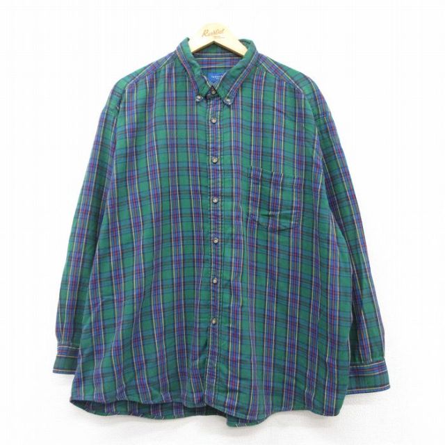 XL★古着 タウンクラフト 長袖 フランネル シャツ メンズ 90年代 90s 大きいサイズ コットン ボタンダウン 緑他 グリーン チェック 25mar12 中古 トップス