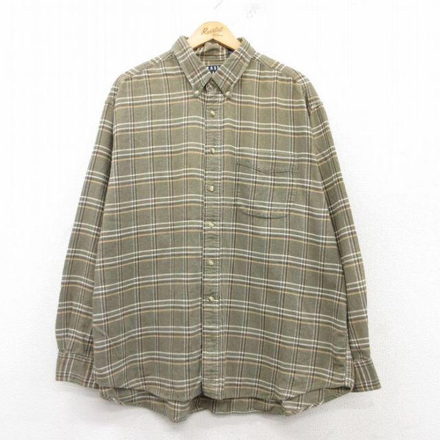 【50%OFF】XL★古着 長袖 フランネル シャツ メンズ 90年代 90s 大きいサイズ コットン ボタンダウン 緑系他 グリーン チェック 25mar12 中古 トップス