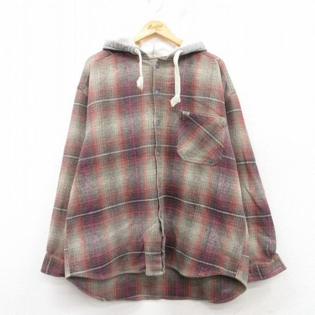 XL★古着 クイックシルバー QUIKSILVER 長袖 ヘビー フランネル シャツ パーカー メンズ 90年代 90s 大きいサイズ コットン グレー他 チェック 【spe】 25mar12 中古 トップス