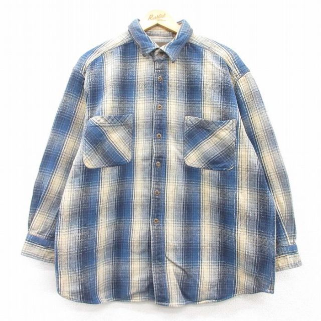 XL★古着 セントジョンズベイ 長袖 ヘビー フランネル シャツ メンズ コットン 紺他 ネイビー チェック 25mar12 中古 トップス