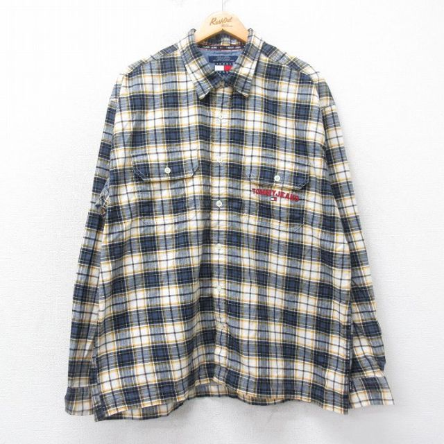 XL★古着 トミーヒルフィガー TOMMY HILFIGER 長袖 ブランド フランネル シャツ メンズ 90年代 90s ワンポイントロゴ 大きいサイズ コットン 紺他 ネイビー チェック 25mar12 中古 トップス