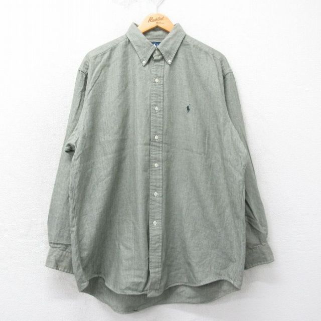 XL★古着 ラルフローレン Ralph Lauren 長袖 ブランド フランネル シャツ メンズ 90年代 90s BLAKE ワンポイントロゴ ヘリンボーン 大きいサイズ ロング丈 コットン ボタンダウン 緑系他 グリーン 【spe】 25mar12 中古 トップス