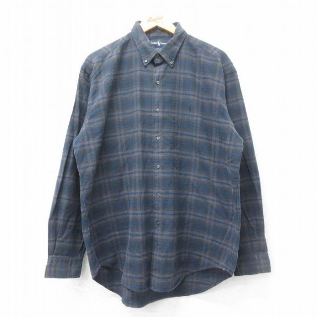 XL★古着 ラルフローレン Ralph Lauren 長袖 ブランド フランネル シャツ メンズ 90年代 90s MARLOWE ワンポイントロゴ コットン ボタンダウン 紺他 ネイビー チェック 【spe】 25mar12 中古 トップス