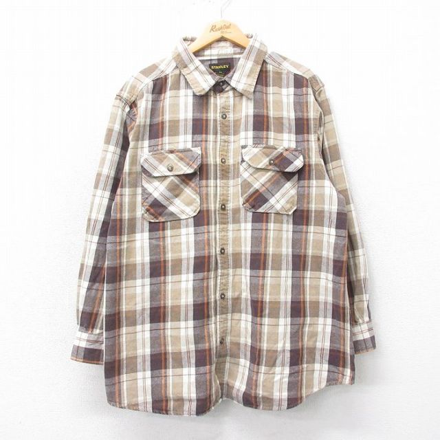 XL★古着 長袖 ヘビー フランネル シャツ メンズ ロング丈 コットン 茶他 ブラウン チェック 25mar12 中古 トップス